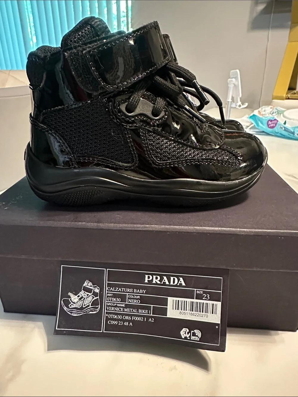 Prada Baby Black Patent Leather High-Top Sneakers